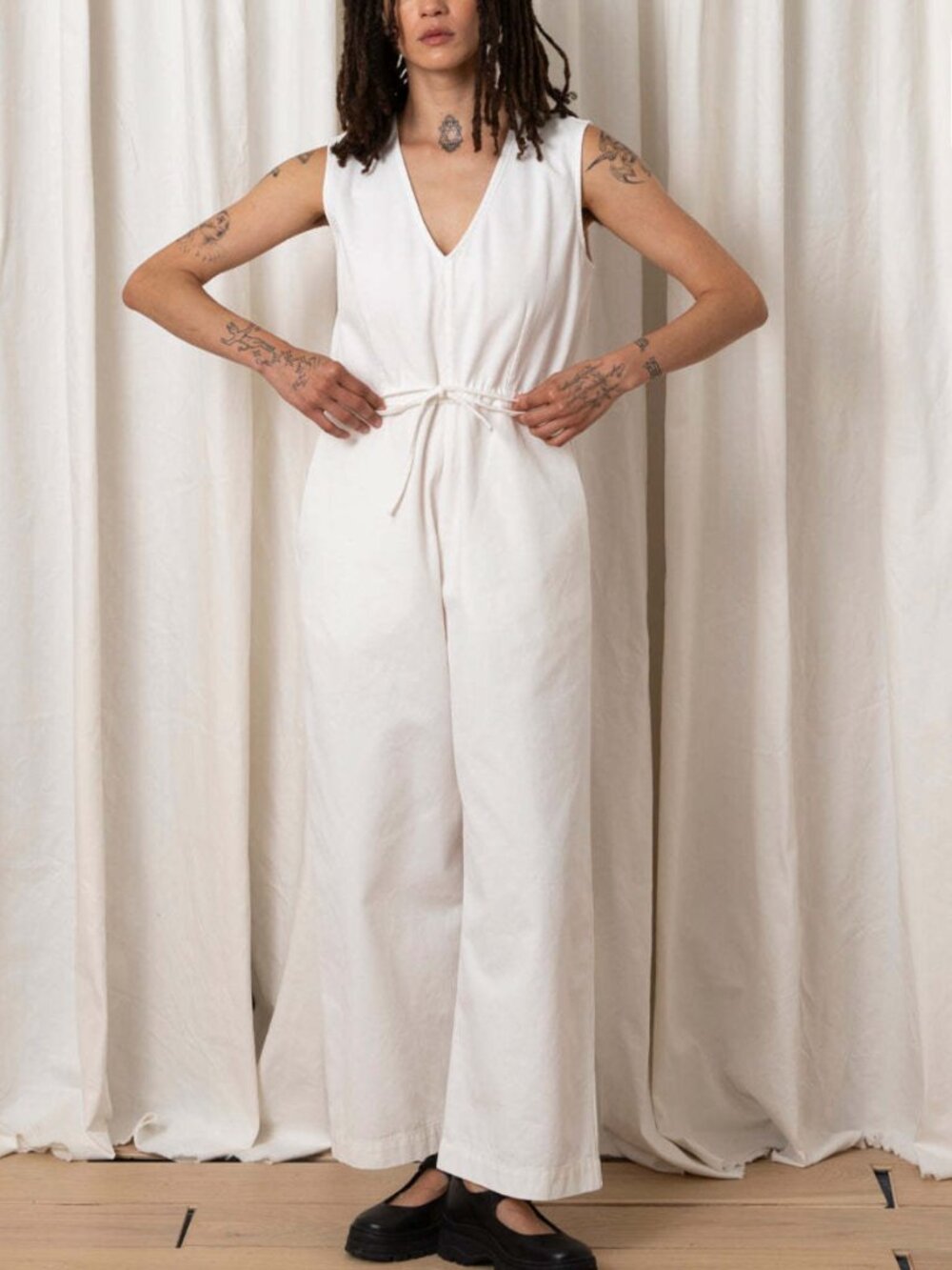 Ali Golden Slit-Back Jumpsuit in Bone | Size Large